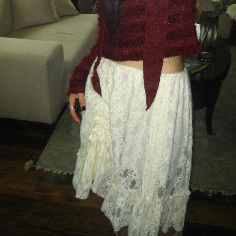 Shirring Long Skirts Knee-Length Lace Bottoms