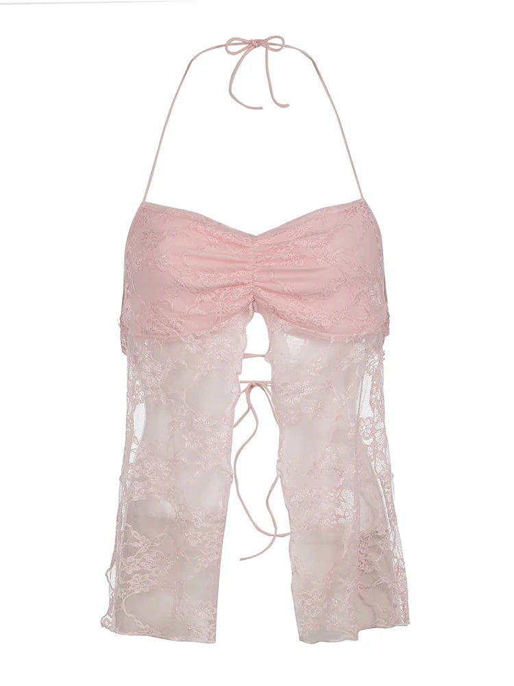 Lace Camisole Backless Lace-up Retro See-through Bustiers Fairycore Halter Neck Top