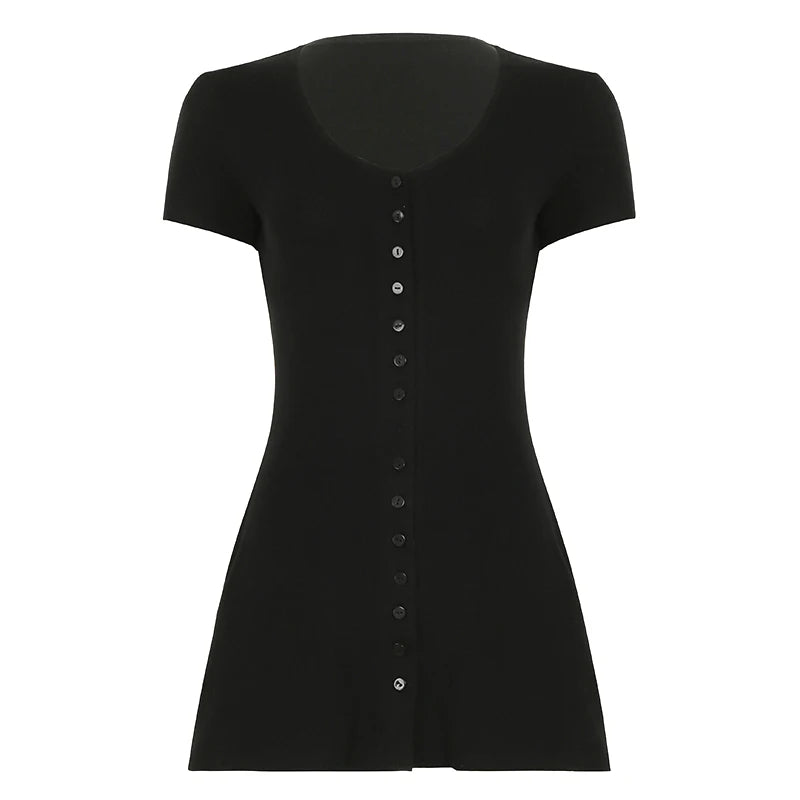 Button Up Dress Crewneck Short Sleeves Mini All-match Dress
