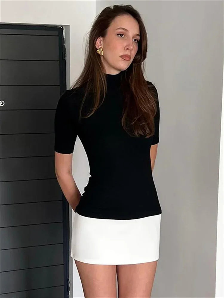 Contrast Mini Dress High Waist Short Sleeve Patchwork Bodycon Dress Mini Dress