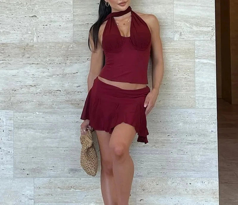 Mesh Wrap Around Halter Sets Backless Top and Skirt Co-ords Set