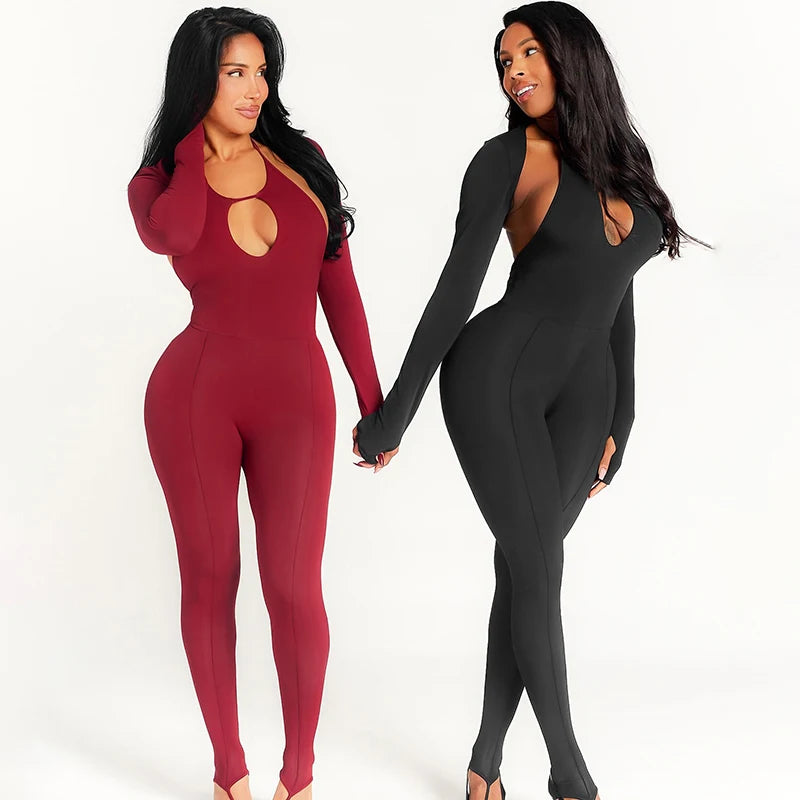 Set Tie Hanging Neck Hollow Out Trend Jumpuit Long-Sleev Short Jacket Set