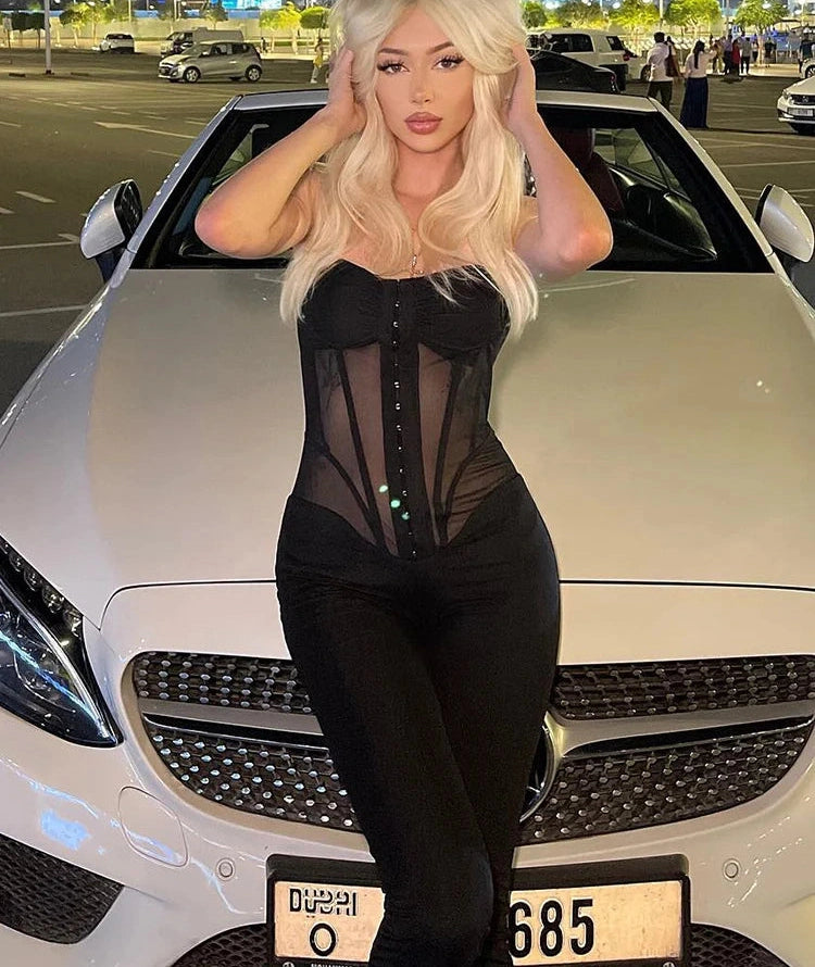 Mesh Patchwork Jumpsuits Spaghetti Strap Body-shaping Transpency Overalls One Piece