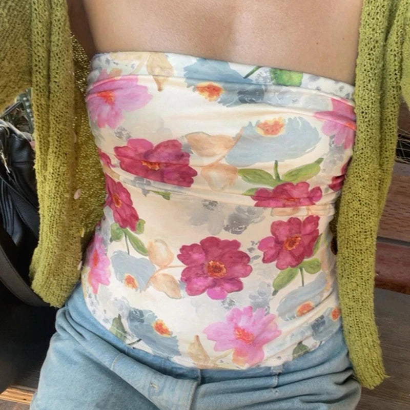 Floral Print Tube Top Backless 's Bustiers Slim Crop Camisole