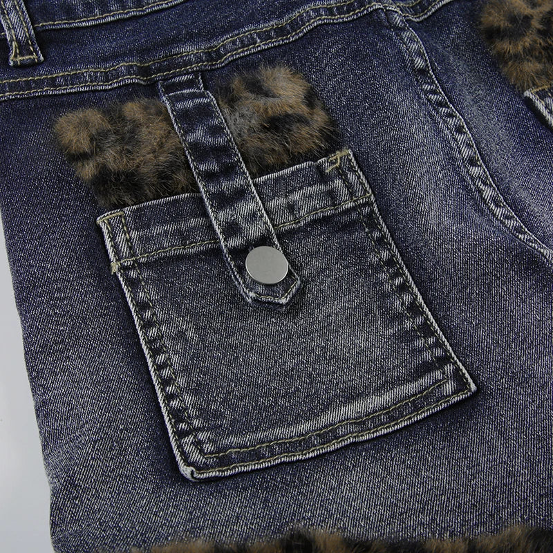 Low Waisted Button Up Mini Shorts Leopard Print Fur Patchwork Bottoms