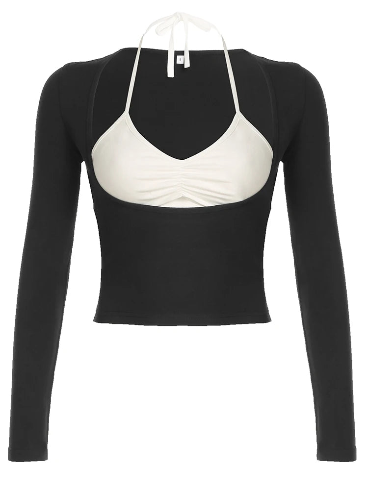 Contrast-color Patchwork Cropped Tshirts Halter Neck Slim 's Long Sleeves Shirts