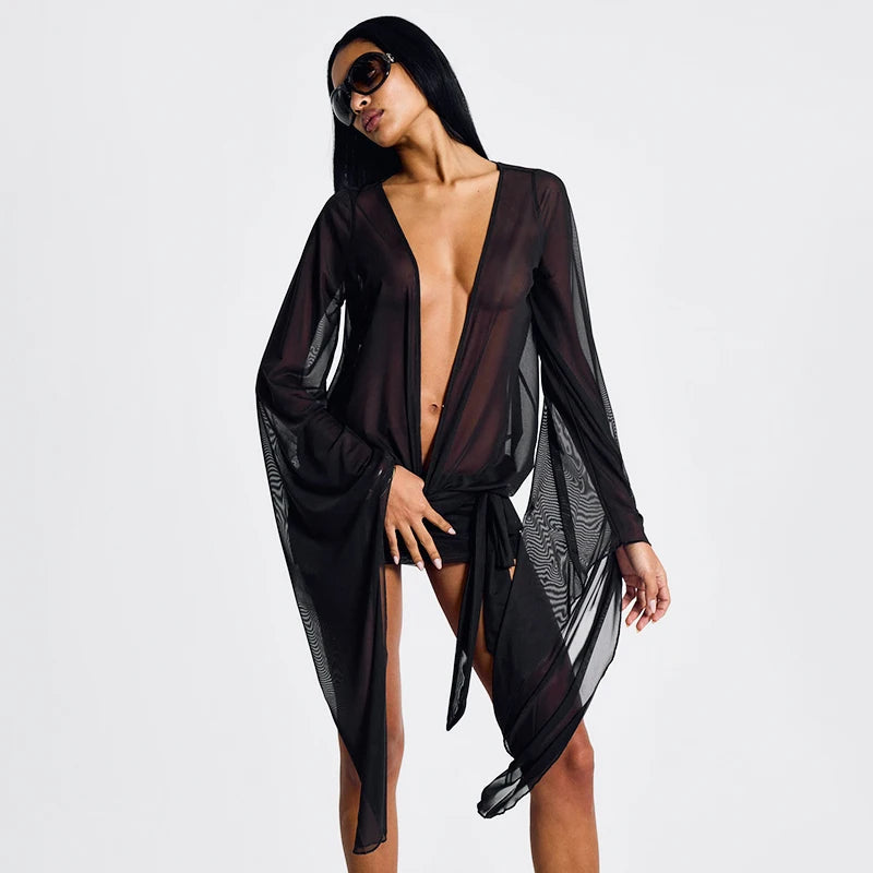 Meh Low-Cut Mini Short Dress Deep V-Neck See-Through Meh Lace-Up Skeleton Backless Hip Dress
