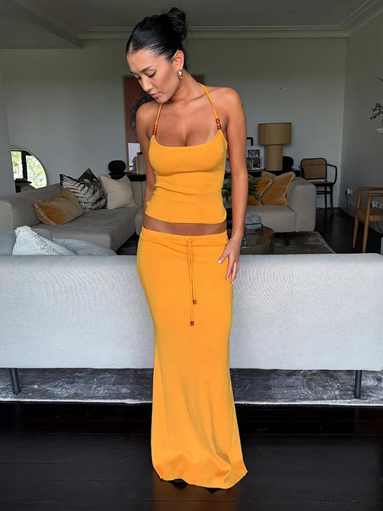 Matching 2 Piece Set Concie Halter Slim Cami Drawtring Maxi Skirt Suit