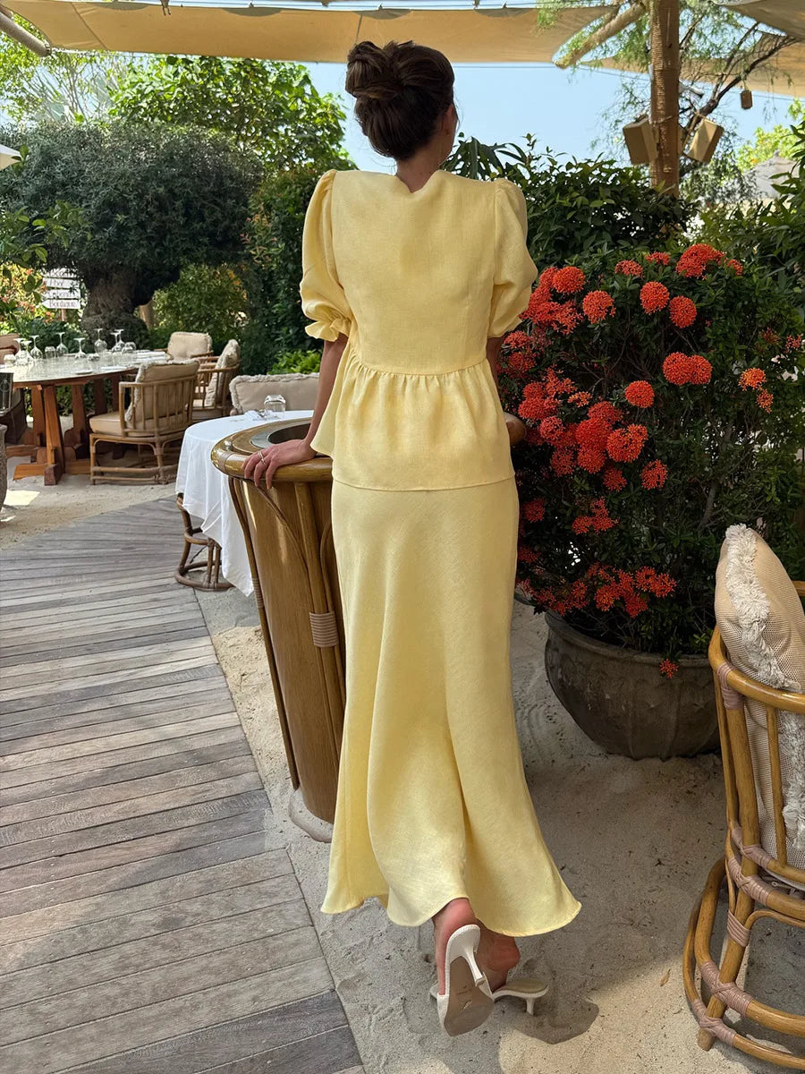 Yellow Cotton Short Sleeve Top and High Waist Midi Skirt Set