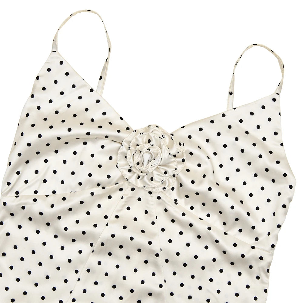 White Polka Dot Backless 3D Flower Slim Maxi Dress