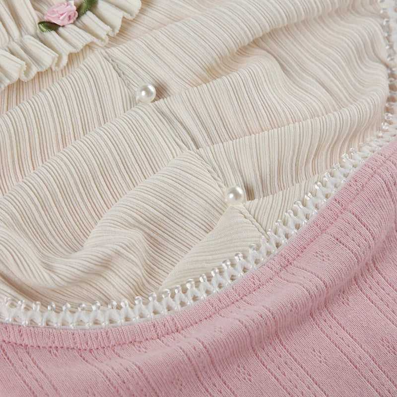 Square Collar Pink Tee Shirts Long Sleeves Kawaii Crop Top Preppy