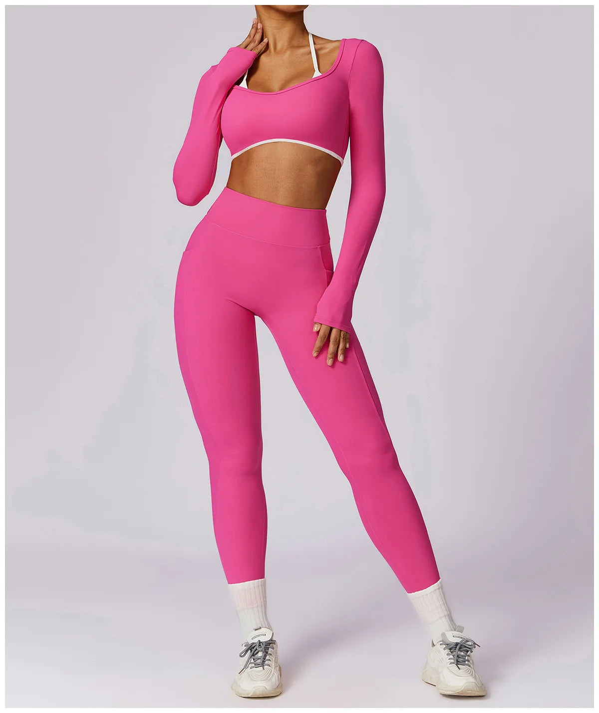2 Pieces Tracksuit Yoga Set Workout Sports Gym Fitness Long Sleeve Crop Top High Waist Leggings Sports Suits