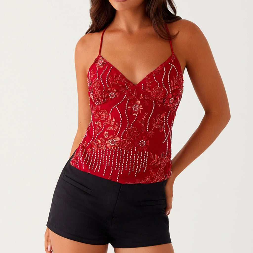 Backless Pearl and Glitter Sequined Flower Embroidered Top