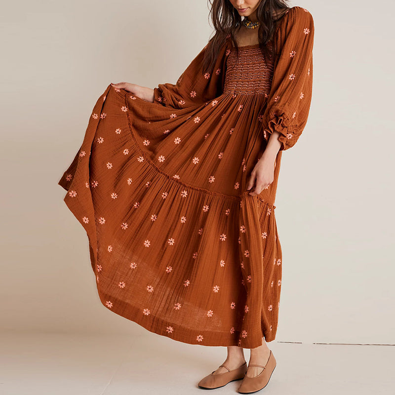 Ruffle Swing A Line Maxi Dress Bohemian Floral Dress Square Neck Long Sleeve Dress