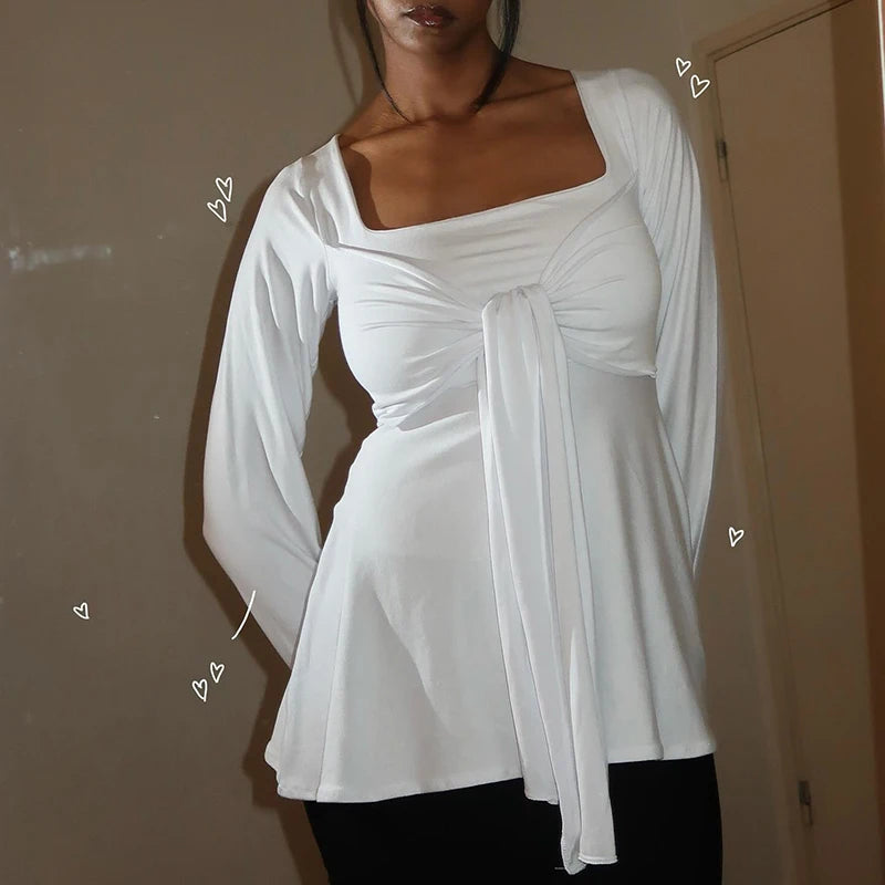 Square Neck With Bow Tie Flare Long Sleeve Top