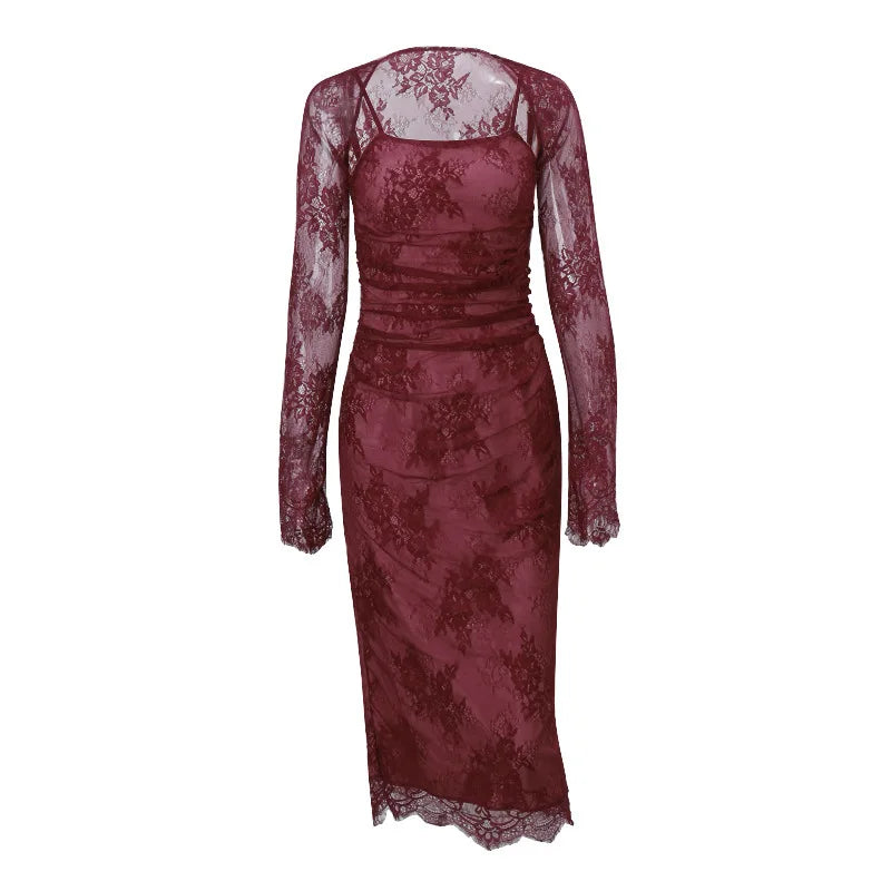 Red Mesh Bodycon Long Dress