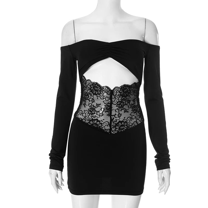 One Shoulder Hollow Out Lace Patchwork Long Sleeve Straple Package Hip Mini Dress