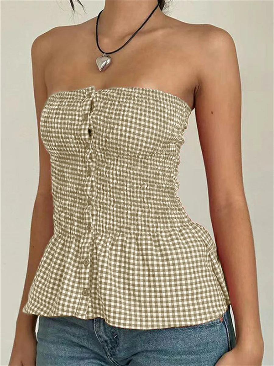 Red Gingham Crop Top Womean Strapless Ruffle Hem Sleeveless Button Cami Coquette Plaid Crop Top