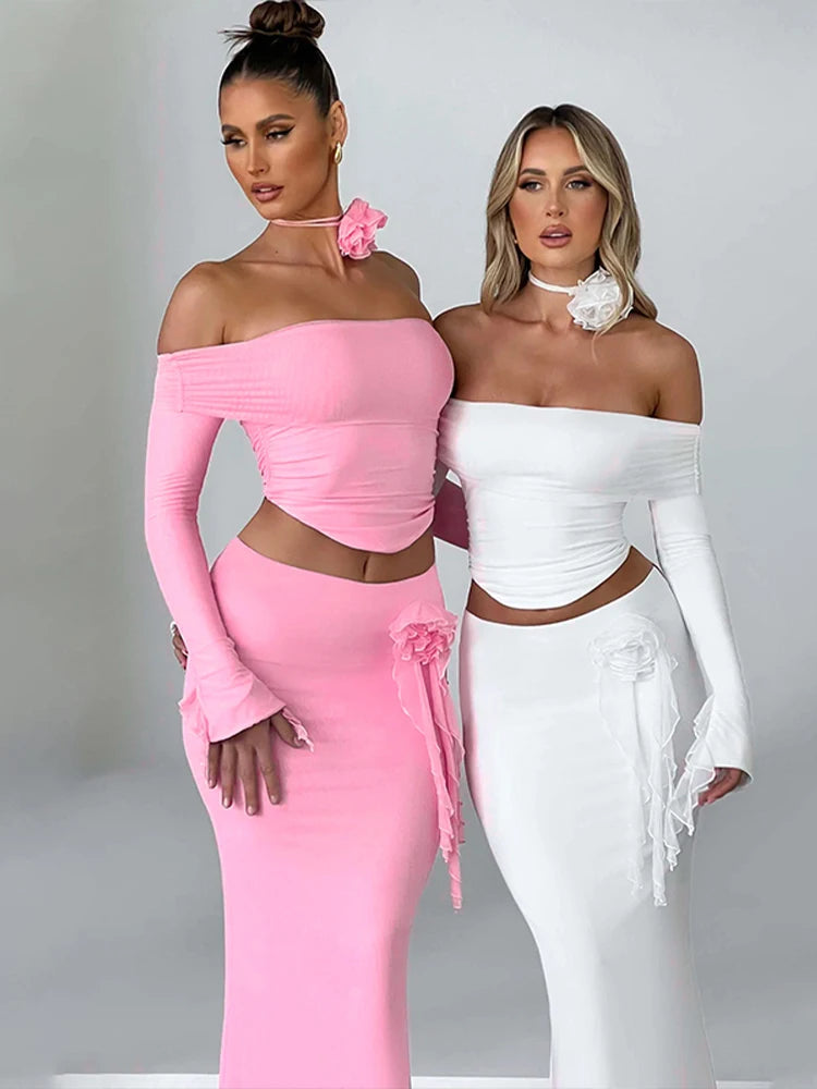 3D Flower Off Shoulder Crop Top Maxi Skirt Set