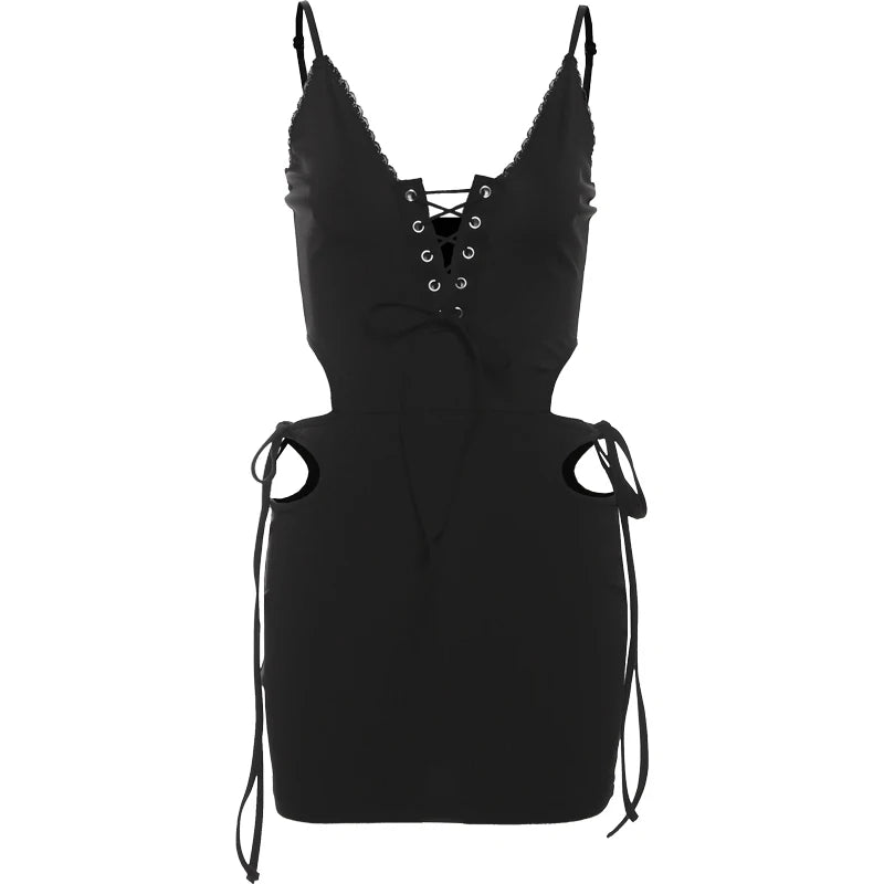 Hollow Metal Rings Dress Lace-Up Cross Backless Lace Edges Tassel Slim Sleeveless Midnight Mini Bodycon