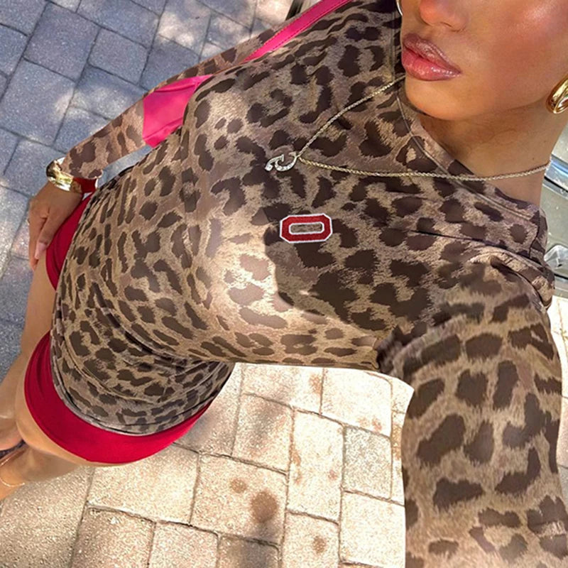 Crewneck Two Pieces of Sets Leopard Print Tee Shirts anf Patchwork Shorts 's Slim