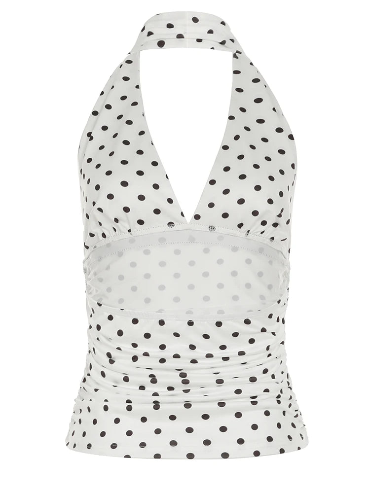 Lace Patchwork Slim Camisole Dot Print Backless Halter Bustiers wrat 's