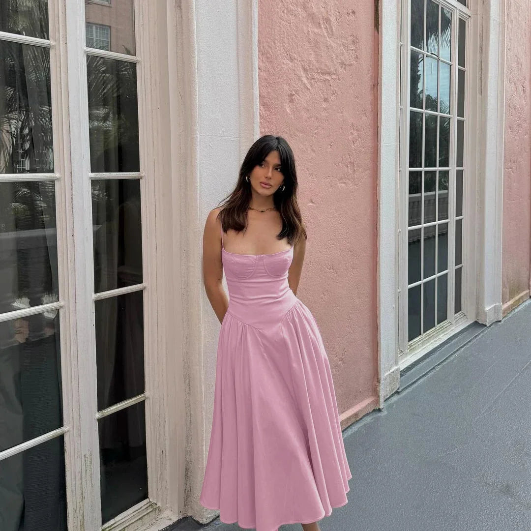 Dress for Pink Spaghetti Strap Midi Dress with Pocket Long Dress