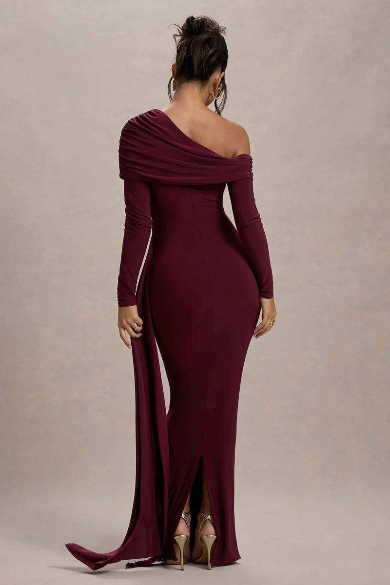 Skew Collar Long Sleeve Maxi Dress Gown Backless Draped Ruched Bodycon Long Dress