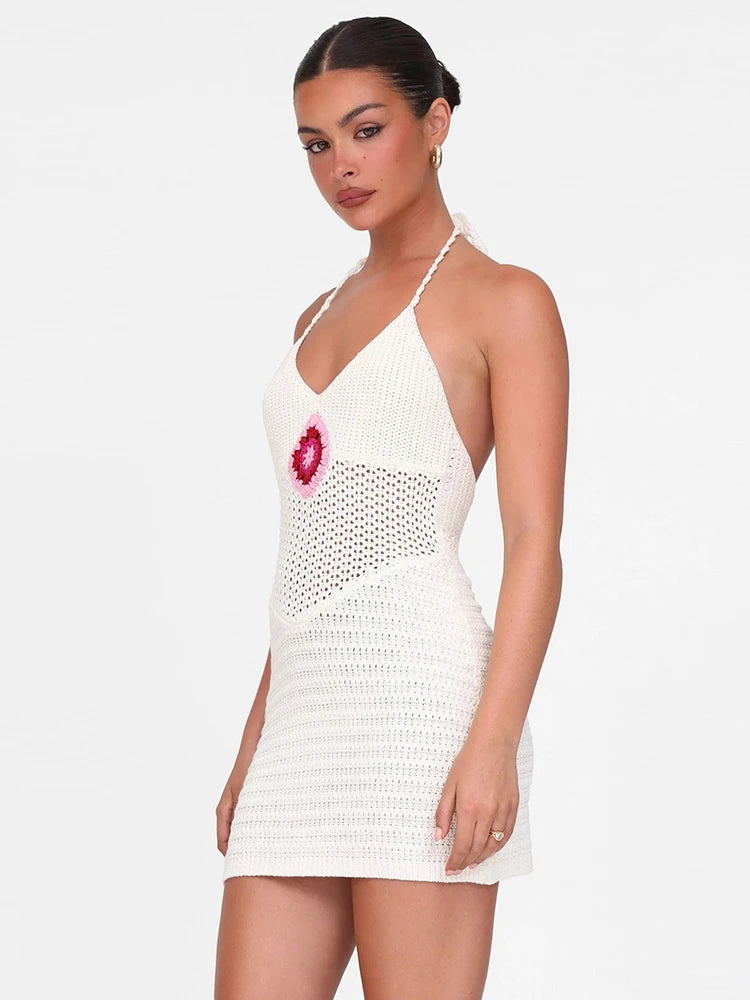 Crochet Halter Mini Dress Panell Knitt V-neck Backless Skinny Concie Vacation