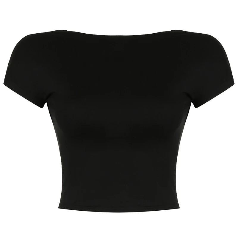 Backless Black Top Tee Short Sleeves Slim Crewneck Crop Shirts