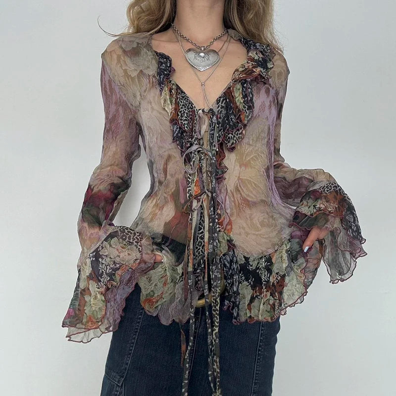 Tie Dye Shirt Ruffle Flare Sleeve Lace-up Retro See-through