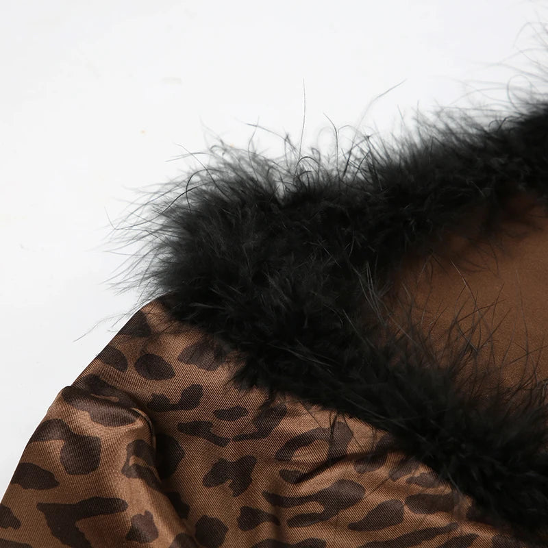 Leopard Print Two Pieces of Sets 's Lace-up Coats and Mini Skirts Long Sleeved