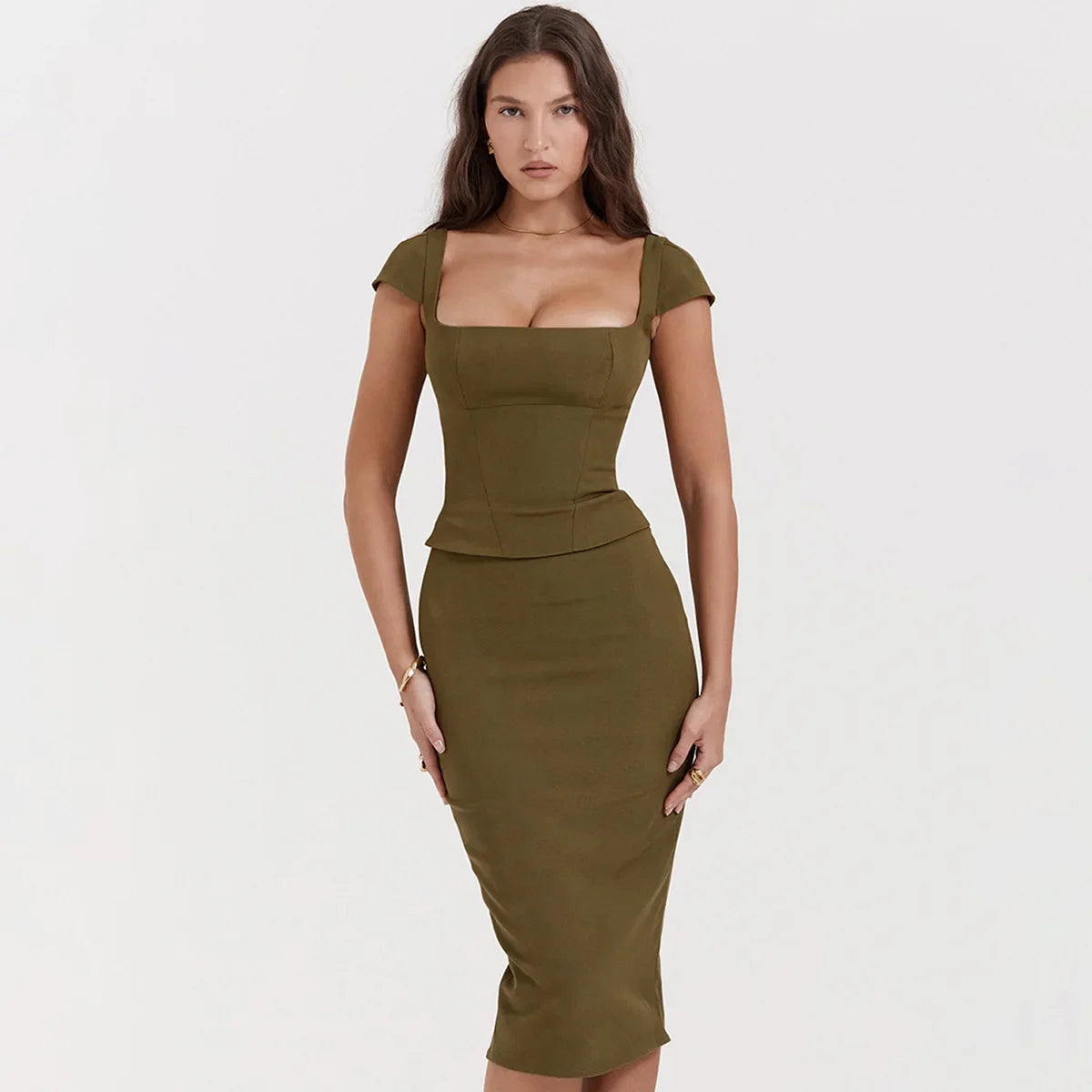 Knee Length Midi Dress Olive Green One Piece Dress Slim Square Neck and Cape Sleeve Office Lady Dress