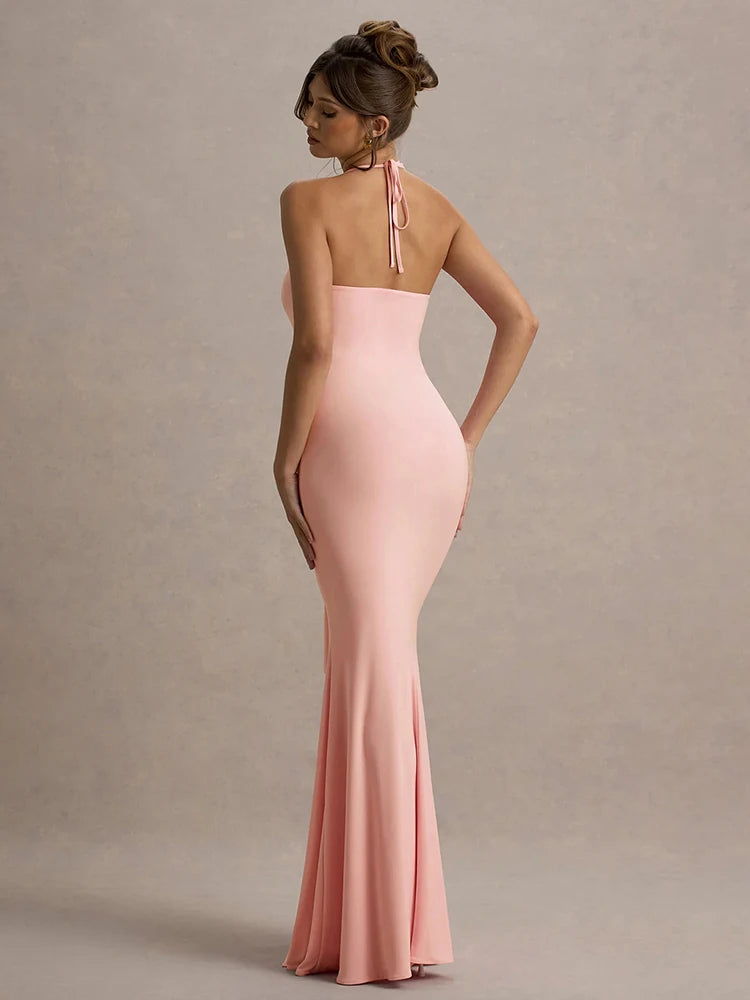 Irregular Halter Dress 3d Flowers High Split Ruffles Lace-Up Halter Backless Banquet