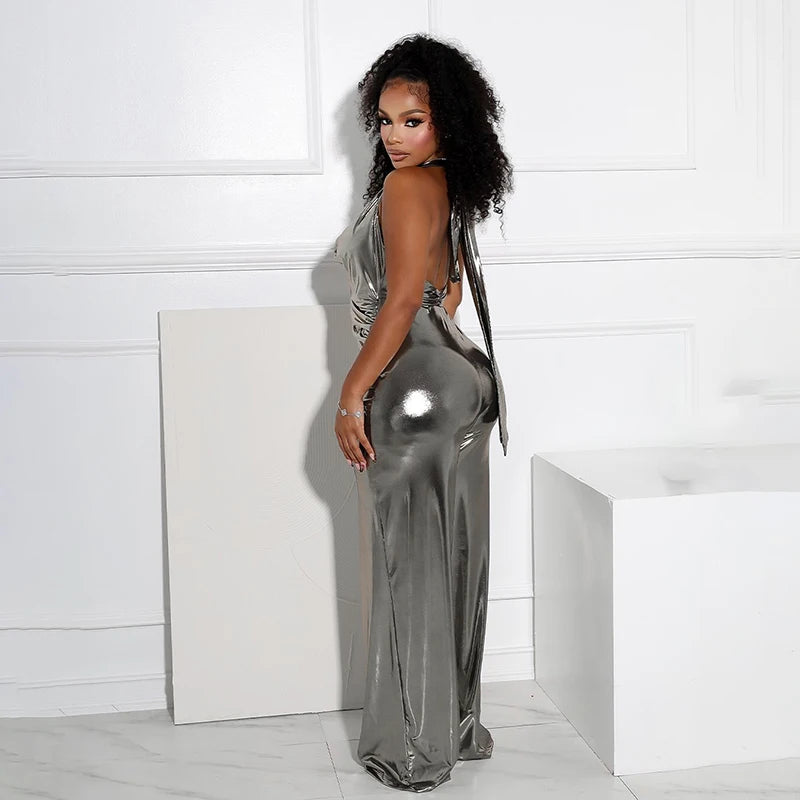 Metallic Jumpuit Micro Swing Collar Hanging Neck Strap Sleevele Big Backless One-Piece Flar Pant