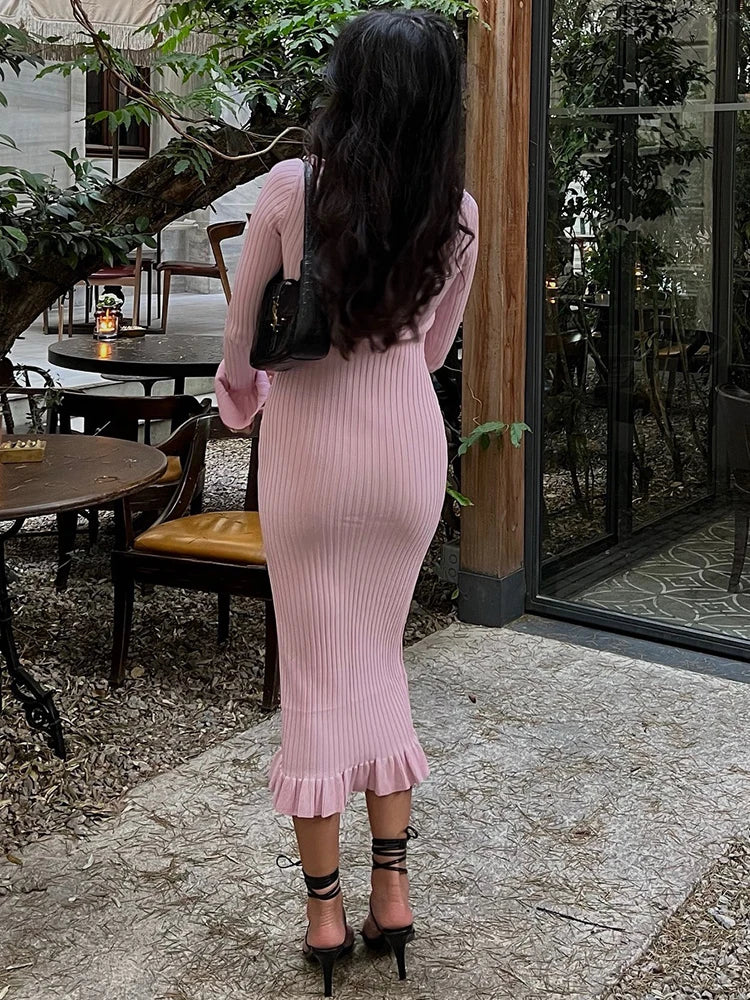 Pink Ruffles Flare Sleeve Midi Dress