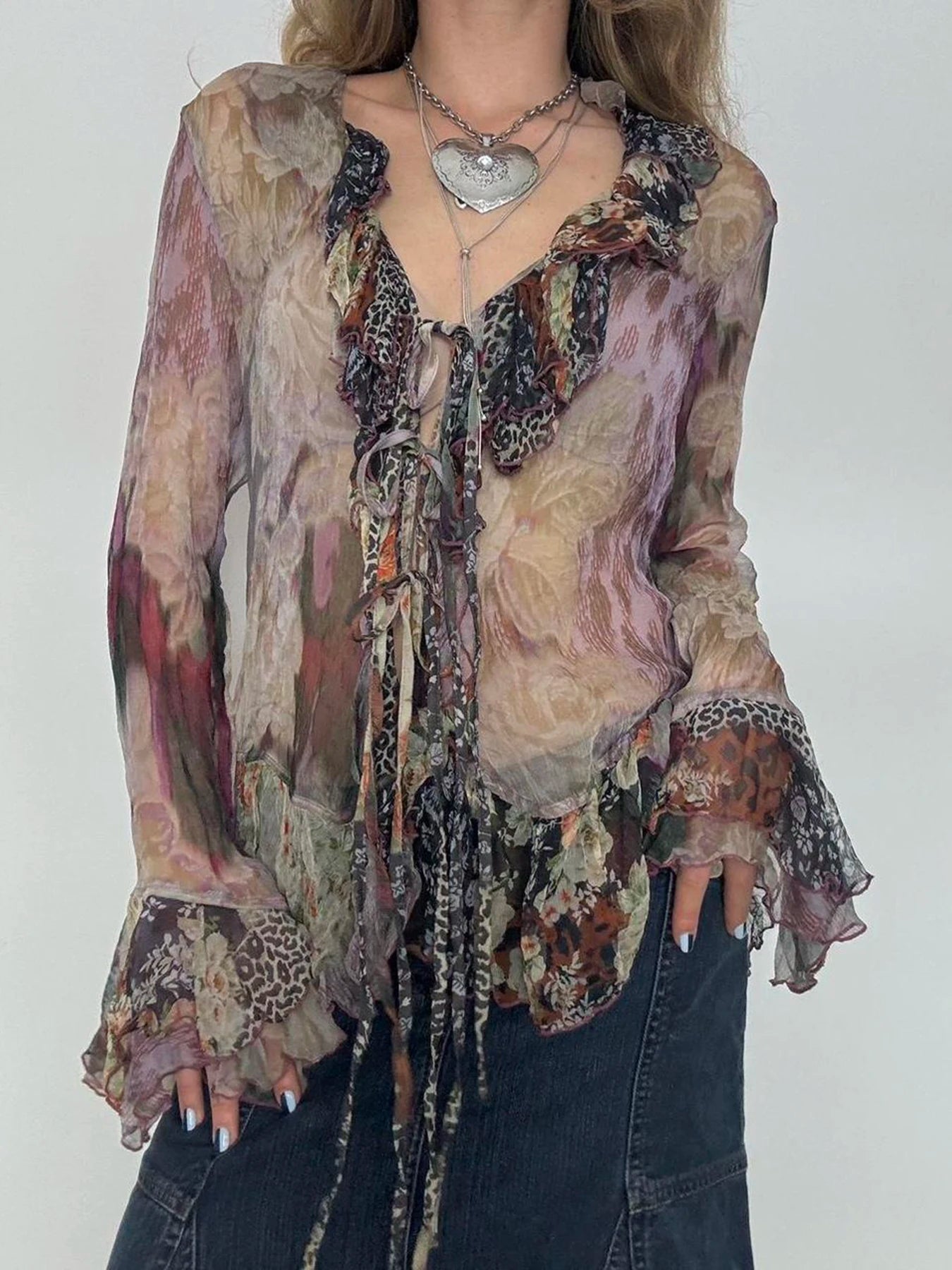 Tie Dye Shirt Ruffle Flare Sleeve Lace-up Retro See-through