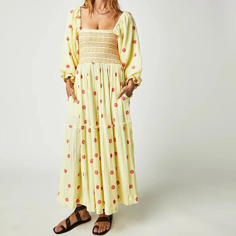 Ruffle Swing A Line Maxi Dress Bohemian Floral Dress Square Neck Long Sleeve Dress