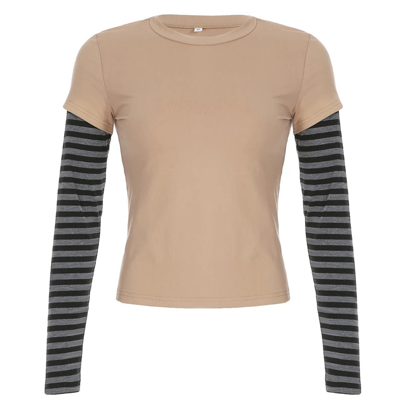 Patchwork Tshirts Crewneck Striped Top Tee