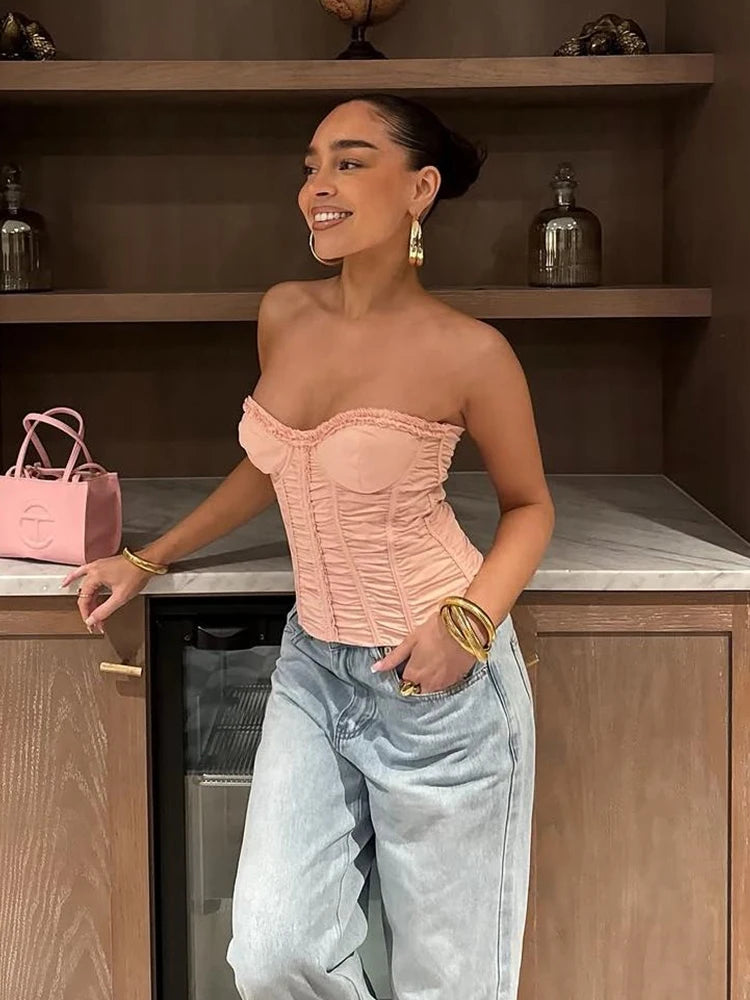 Ruffles Corset Top Fake Fishbones Wrap Daily stretch Tube Top