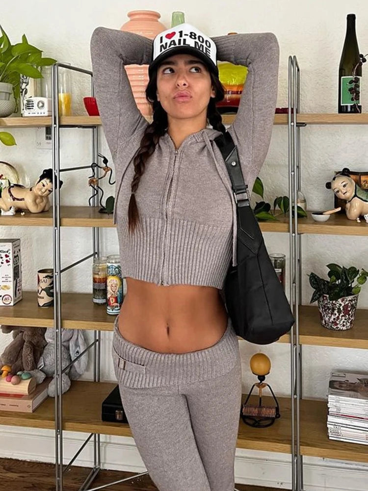 Knit 2 Piece-Set Trousers Hoodie Tracksuit Crop top Knit And Pants Sets Trousers