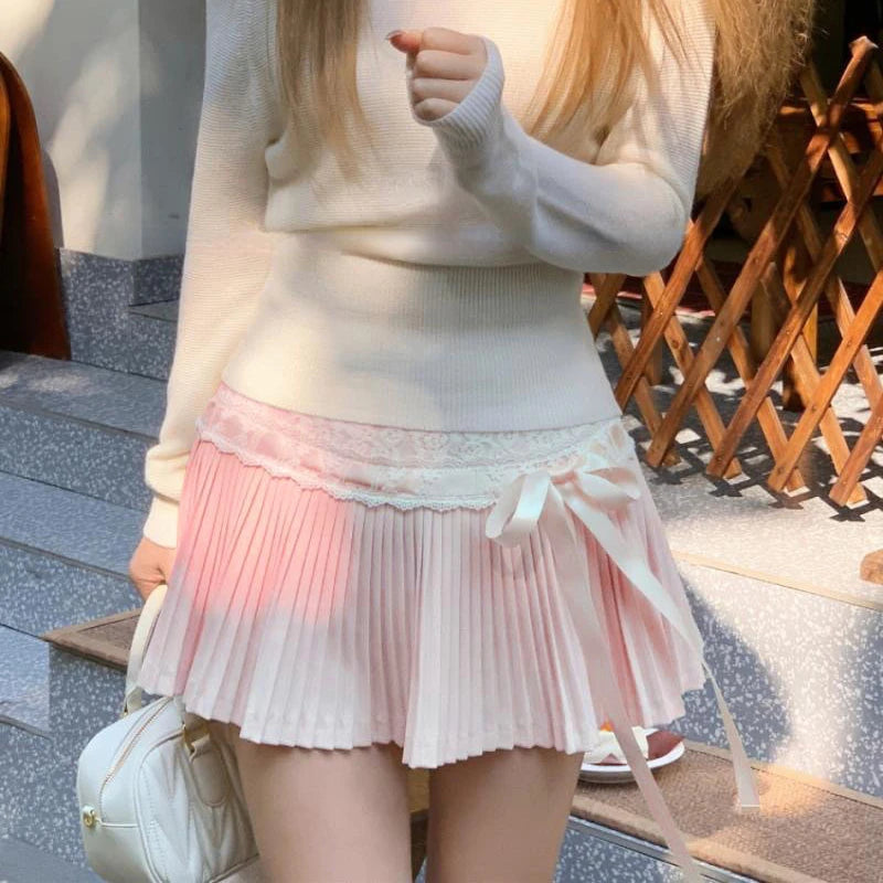 Pink Pleated Lace Bow Mini Skirt