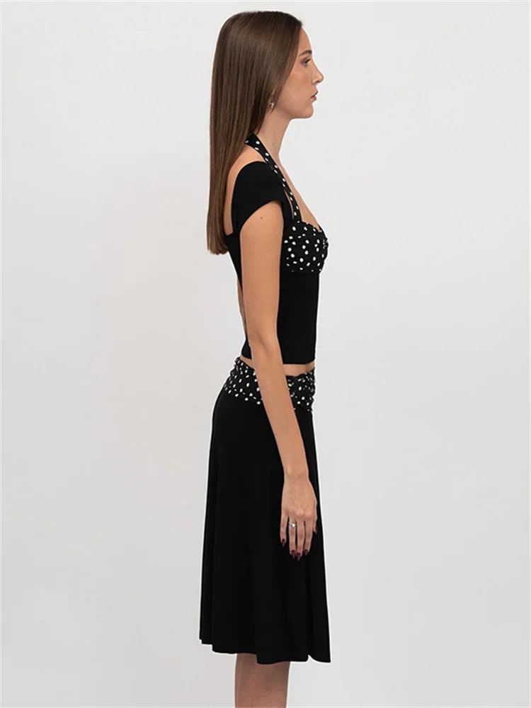 Patchwork 2 Piece-Set MIni Skirt Lace-Up Contrast Backless Cropped Top And High Waist Skirt Sets