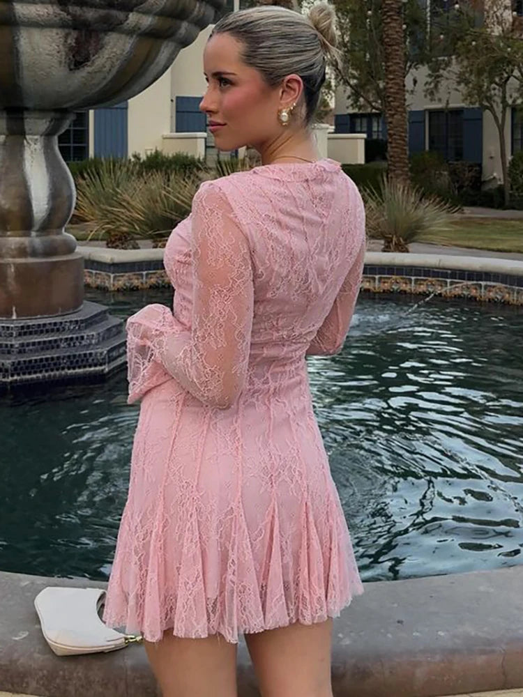 Pink Deep V-Neck Lace See Through Mini Dress