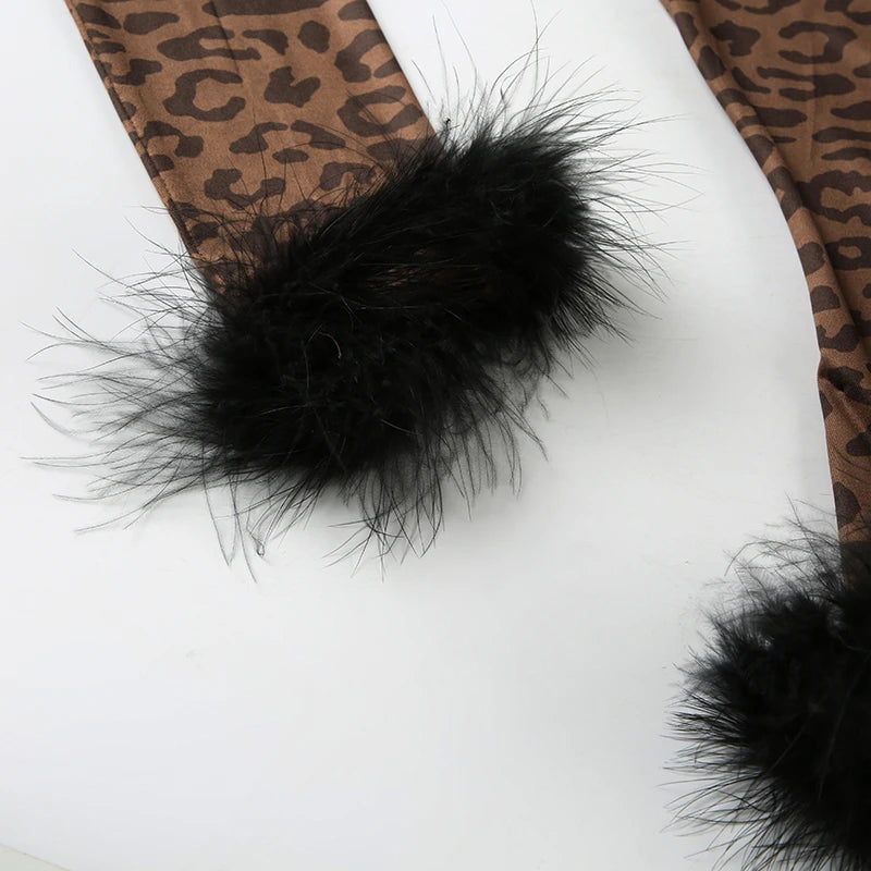 Leopard Print Two Pieces of Sets 's Lace-up Coats and Mini Skirts Long Sleeved