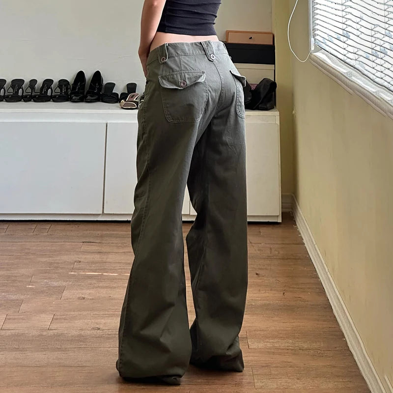 Retro Denim Cargo Pants Low Waisted Jeans Pockets Cotton Bottoms