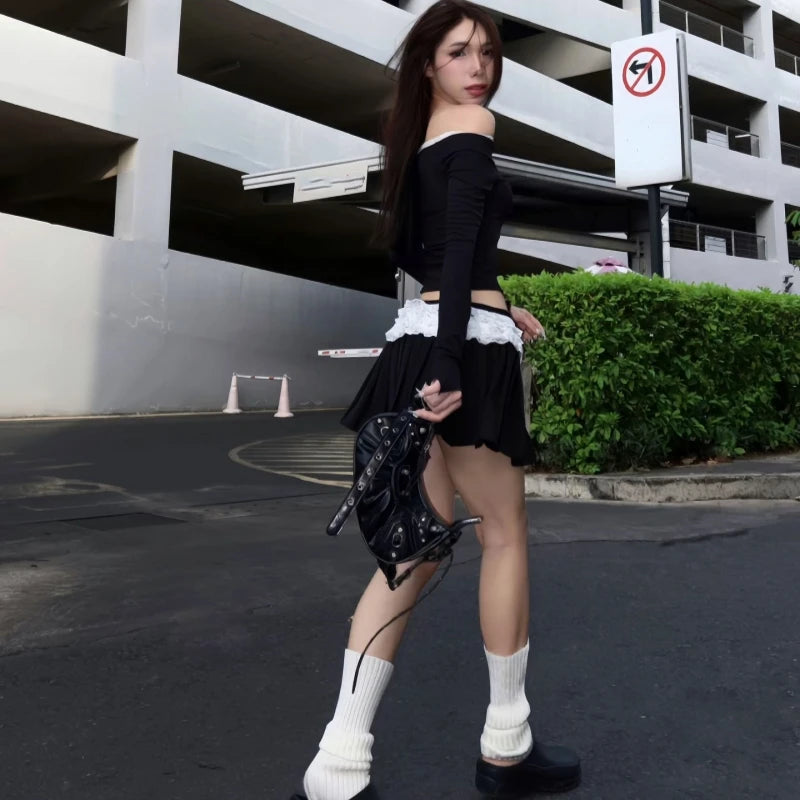 Black Long Sleeve Off Shoulder Lace Low Waist Mini Skirt Two Piece Set