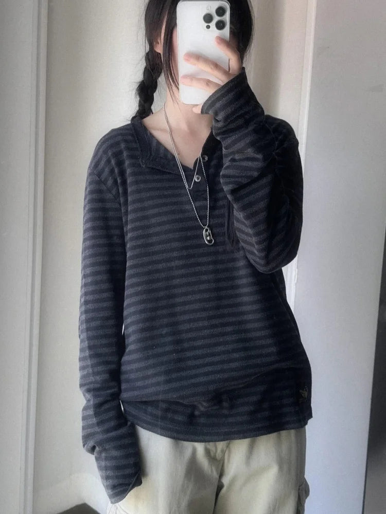 Striped Print Loose Tee Shirts Long Sleeves Botton Top