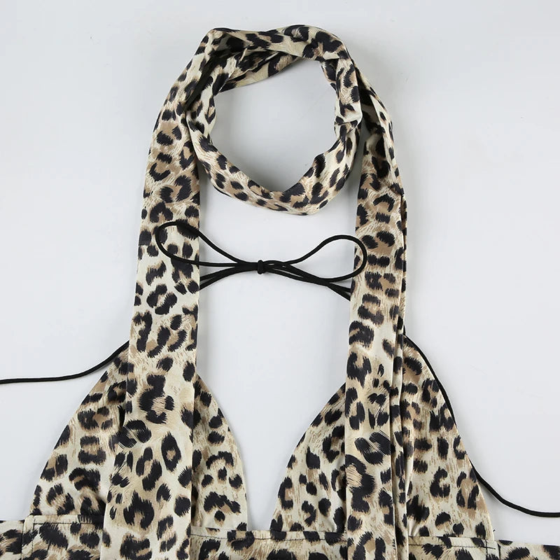 Backless Leopard Camisoles Lace-up Halter Neck