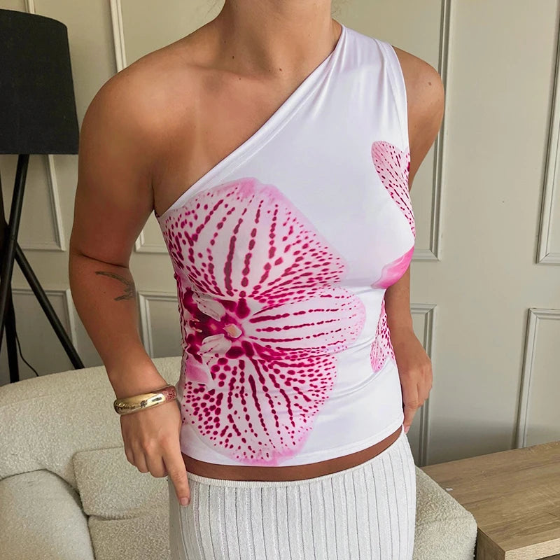 Floral Fitt Top Reort Graphic Tee One Shoulder Slah Backless Tank Top